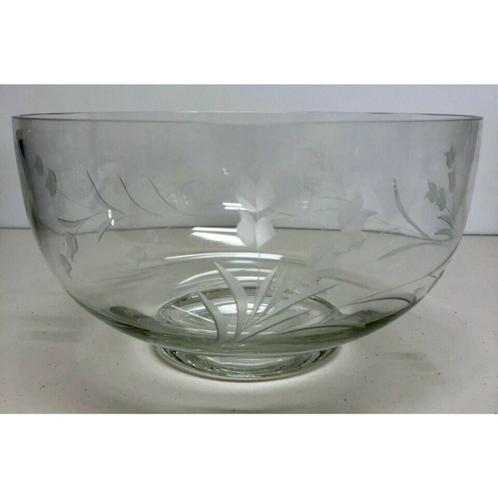 MS16 Vintage Large engraved cut Fruit / Salad Bowl 9 1/2' w x 5' h x 4 3/8' base